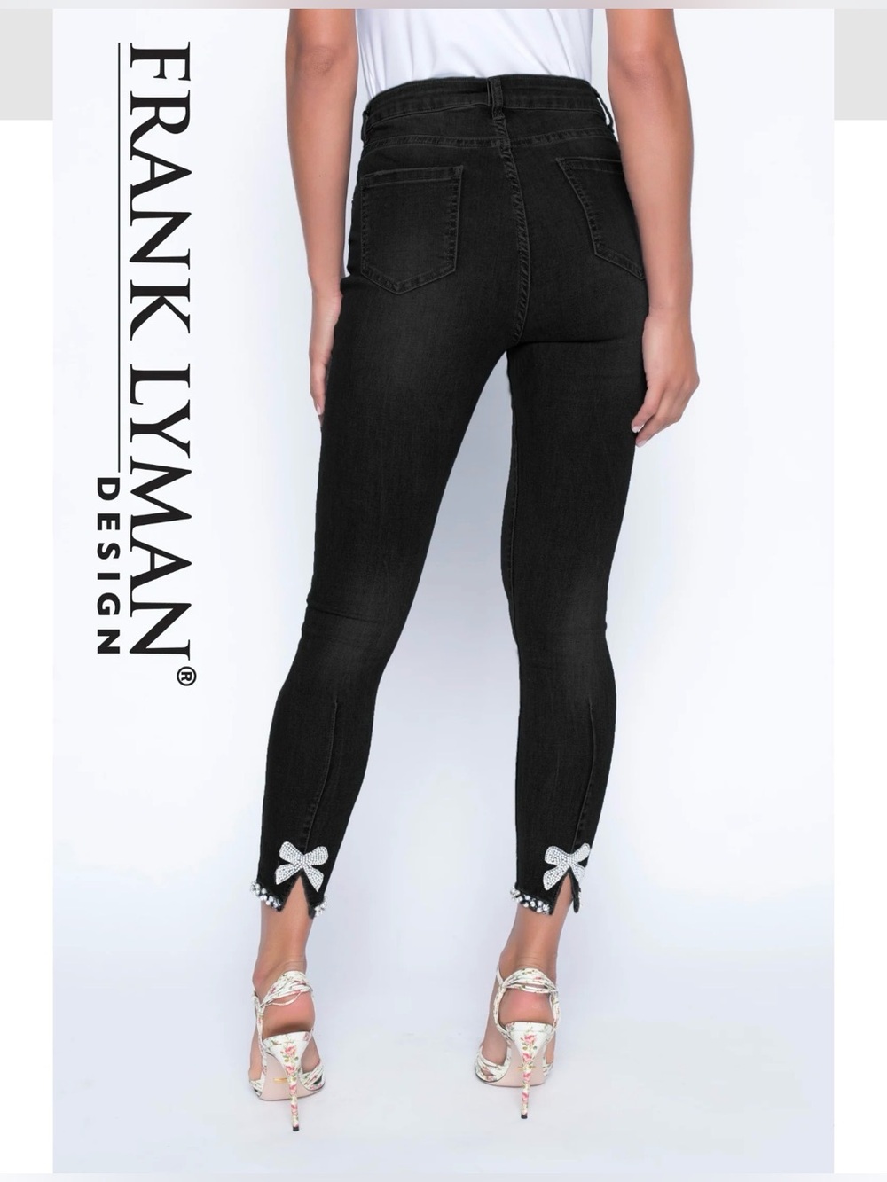 Frank Lyman high waist Skinny Black Denim Jeans Crystal BowRhinestone Hem NWOT